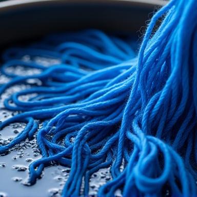 Stränge von Garn, die in einem Topf mit natürlichem Indigo-Farbstoff gefärbt werden.
